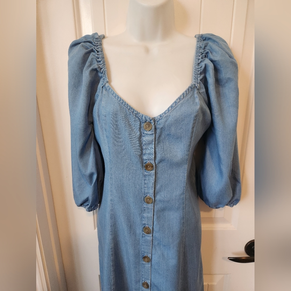 Zara Chambray Off Shoulder Midi Dress Bell Sleeves |Size XS | Bloggers Favorite - Picture 9 of 12